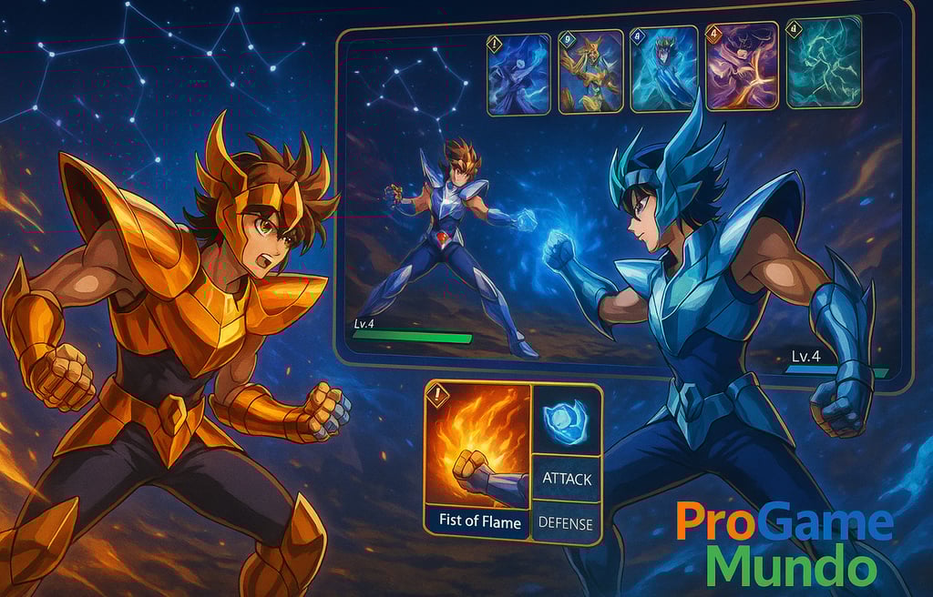 Duelos de RPG mobile com cartas e barra de vida; watermark ProGameMundo nas cores corretas.