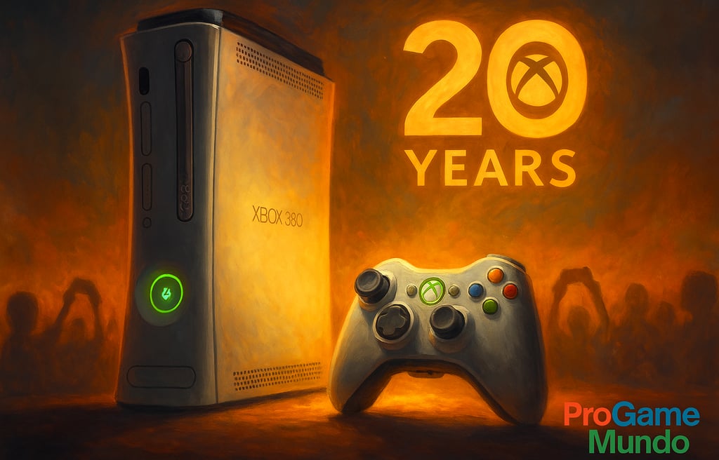 Ilustração dramática celebrando 20 anos do Xbox 360 com console e controle em destaque.