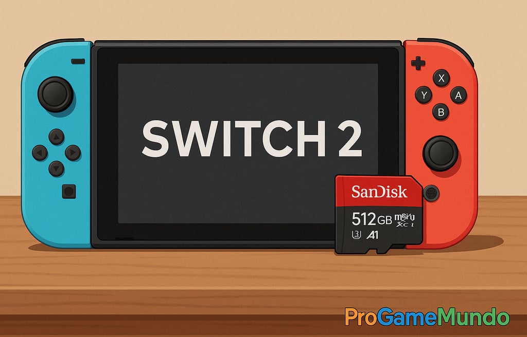 Nintendo Switch 2 com cartão microSD de 512 GB ao lado.