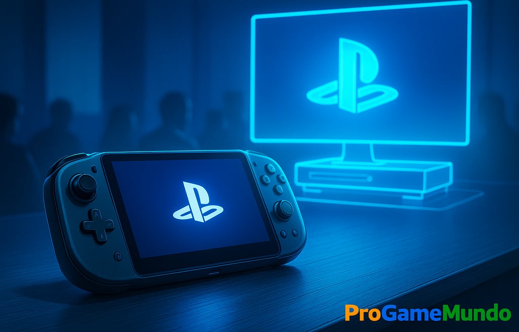 Portátil futurista PlayStation com holograma de dock e tela exibindo o logo da marca.