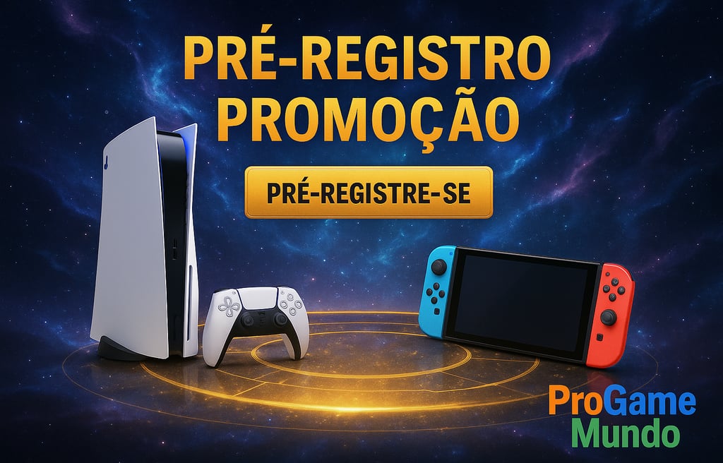 Imagem promocional de pré-registro com prêmios físicos e marca d’água ProGameMundo nas cores correta