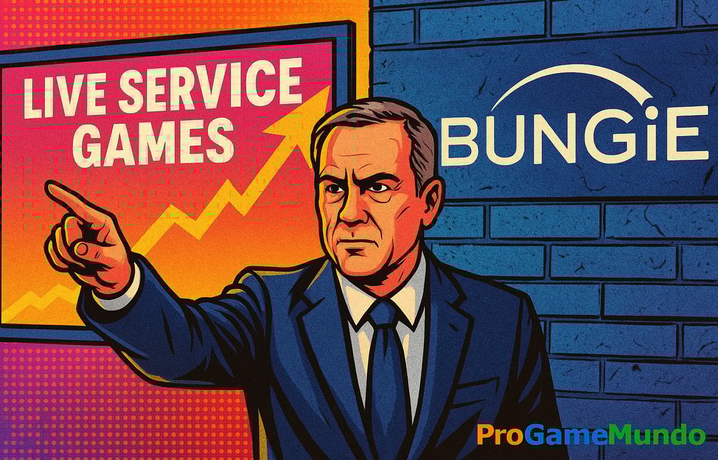 Ilustração estilo quadrinhos relacionando Bungie e jogos como serviço.