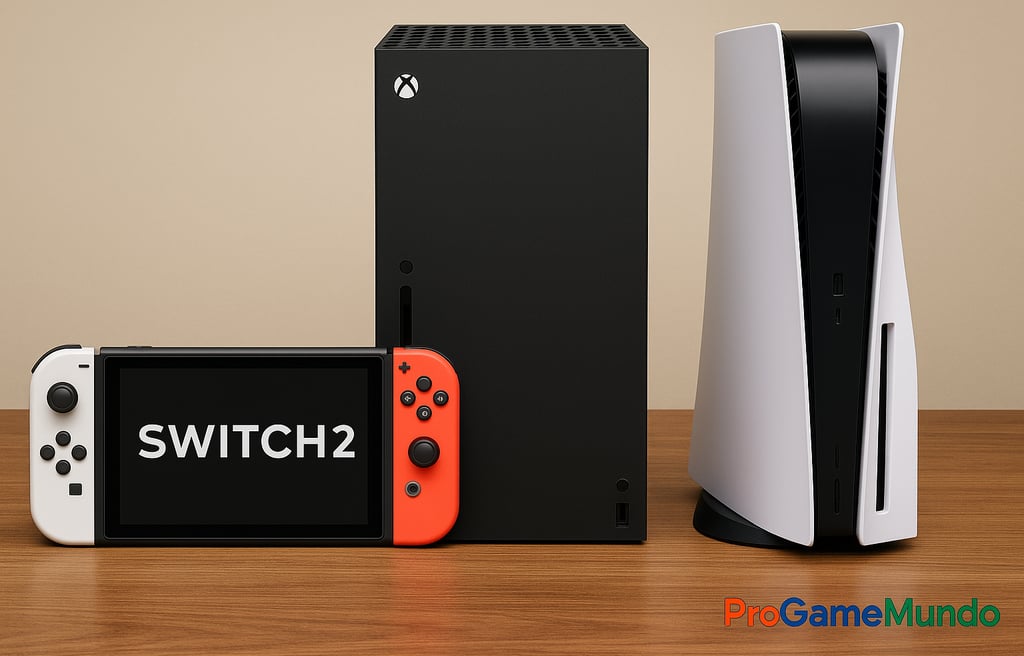 Switch 2, Xbox Series X e PS5 alinhados sobre uma mesa de madeira.