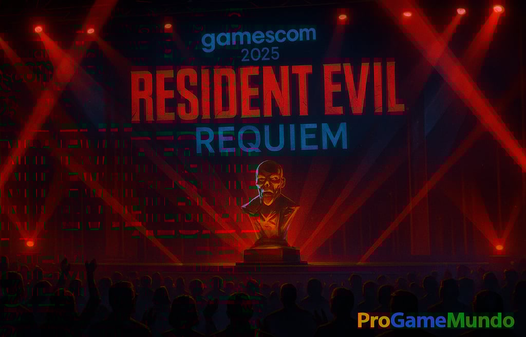 Palco da gamescom com holograma de Resident Evil Requiem e plateia celebrando.