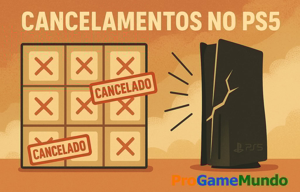 Grid de cancelamentos e PS5 trincado; metáfora dos cortes.