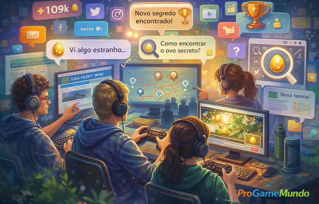 Jogadores analisando Easter Eggs em comunidade online, conectando fóruns, vídeos e wikis