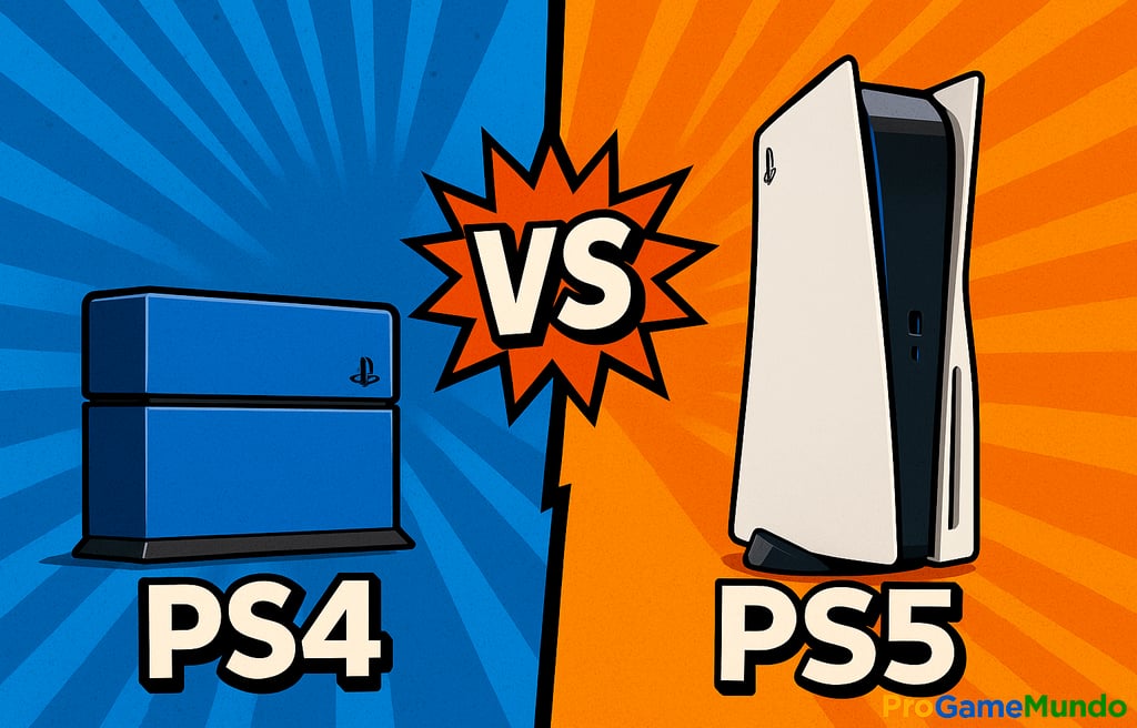 Comparação ilustrada entre PS4 e PS5 em estilo gráfico colorido.