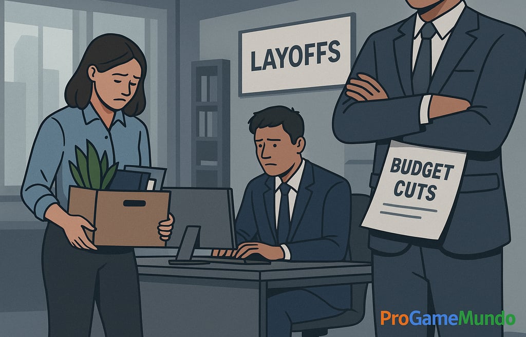 Funcionários demitidos em escritório com cartazes de cortes de orçamento.