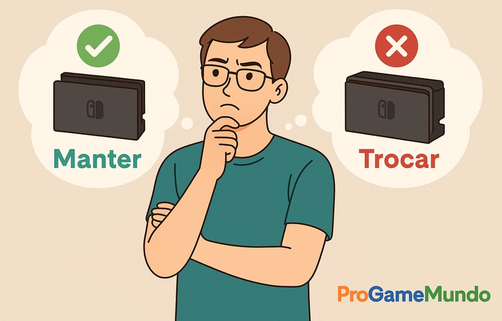 Jogador decidindo entre manter ou trocar acessórios do Nintendo Switch.