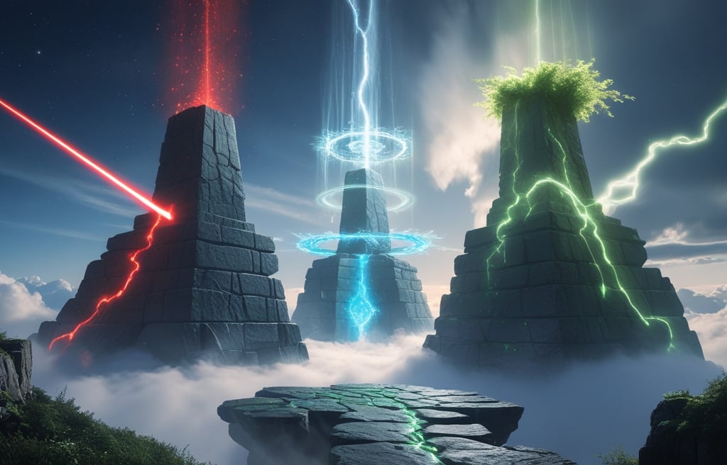 Três altares — um com energia de luta (vermelho), um com magia (azul), um com aventura (verde).