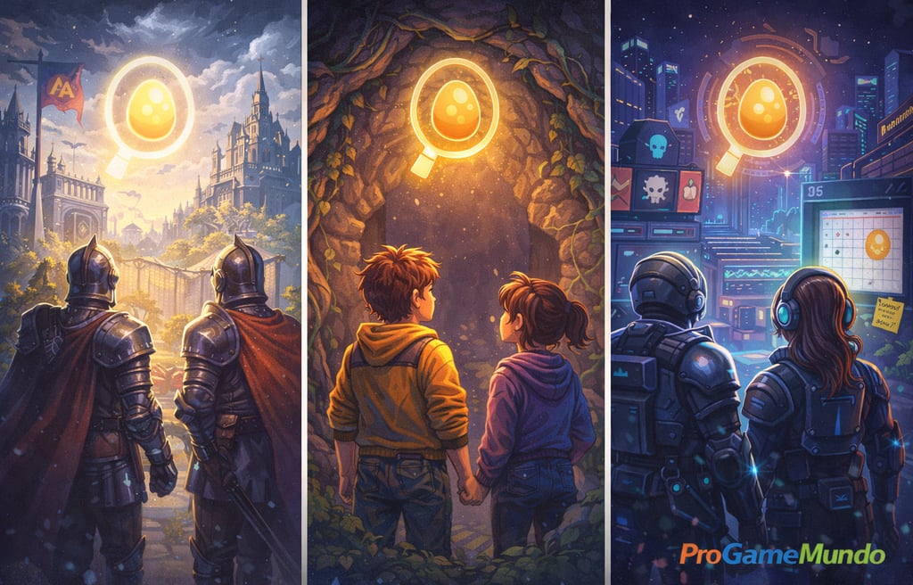 Ilustração comparando Easter Eggs em jogos AAA, indies e live service