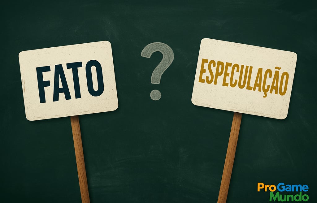 Duas placas em um quadro negro com as palavras ‘FATO’ e ‘ESPECULAÇÃO