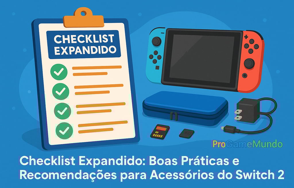 Checklist e acessórios do Nintendo Switch 2 sobre fundo azul.