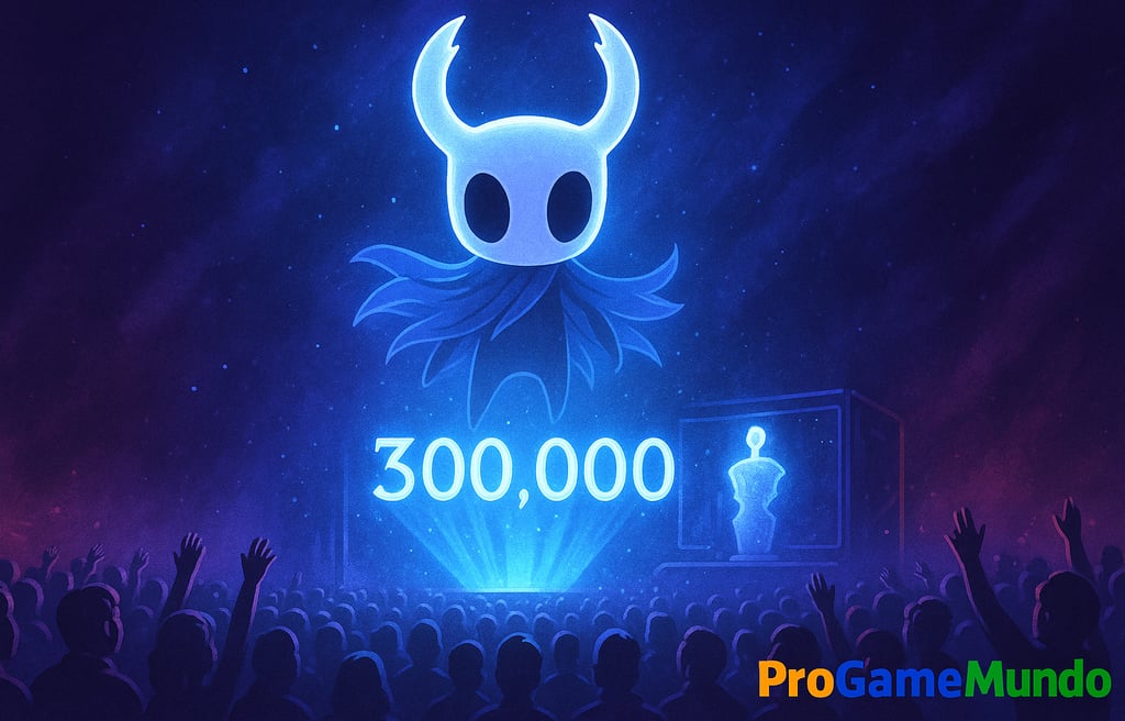 Holograma de Hollow Knight gigante em azul diante de multidão celebrando recorde.