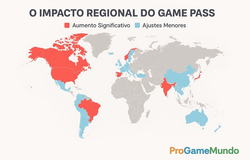 Mapa mundial com aumentos do Xbox Game Pass destacados em vermelho e azul.