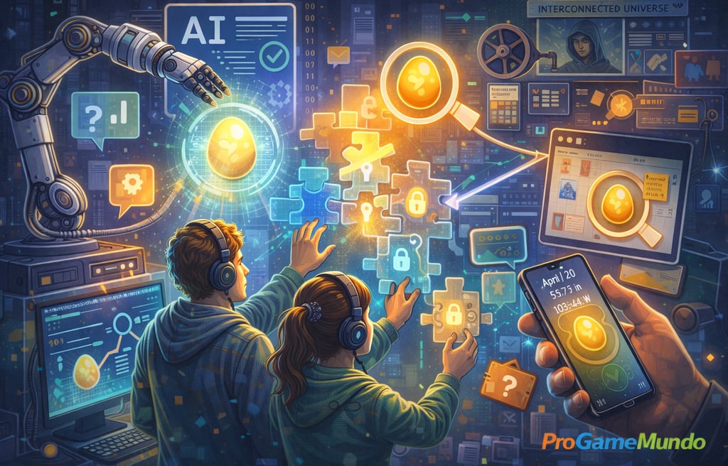 Ilustração futurista mostrando Easter Eggs dinâmicos, IA e narrativas transmídia nos games