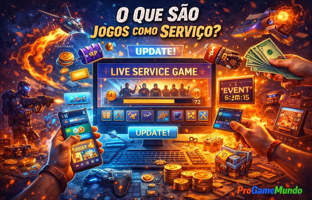 principais elementos dos jogos como serviço, como atualizações, eventos e monetização.