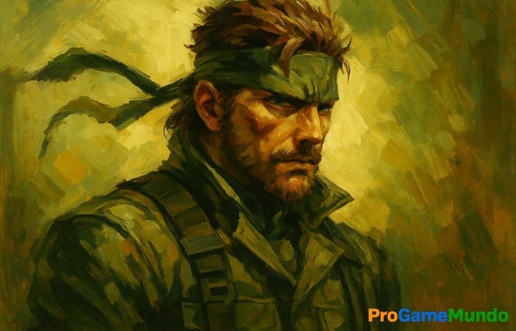 Solid Snake em pintura digital heroica, com iluminação dramática dourada.