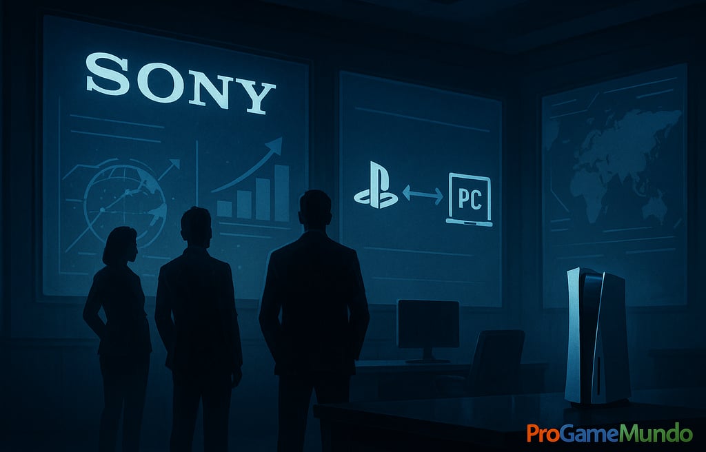 Executivos analisando telas com gráficos e ícone PS5 ↔ PC