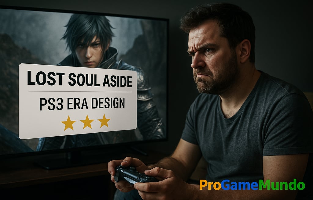 Jogador frustrado analisando Lost Soul Aside com crítica de design estilo PS3.