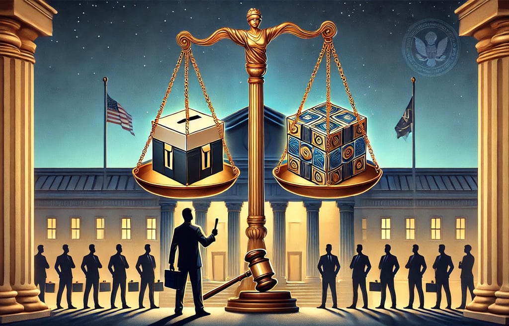 balança da justiça com um loot box e um martelo judicial, representando o equilíbrio entre monetizaç