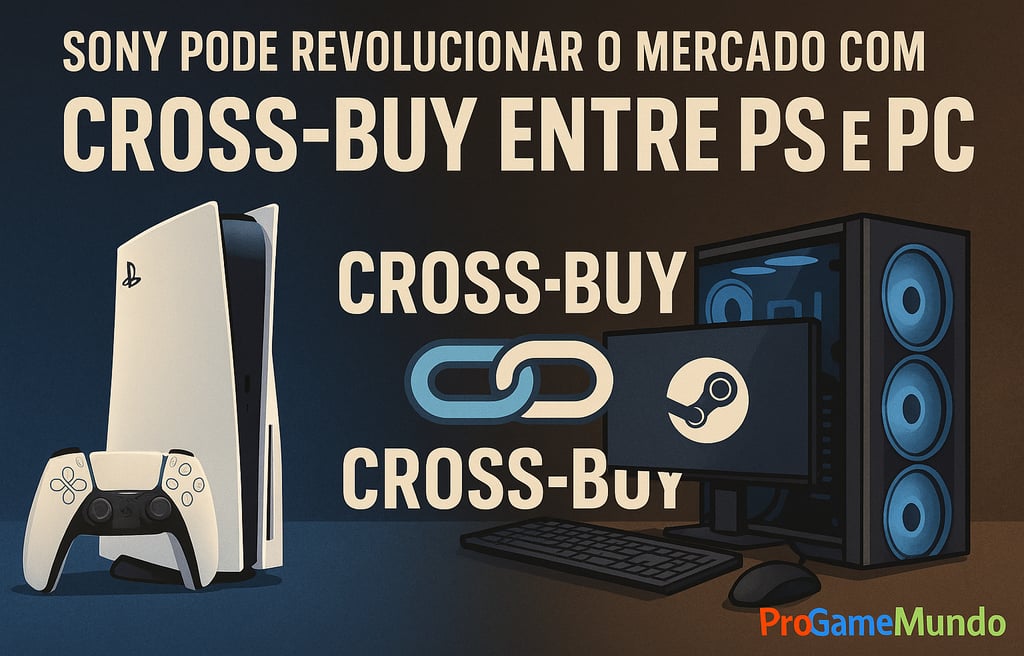 PS5 e PC conectados por um símbolo de Cross-Buy, representando compra única de jogos entre plataform