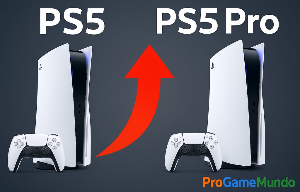 PlayStation 5 e PlayStation 5 Pro lado a lado com seta vermelha de aumento.