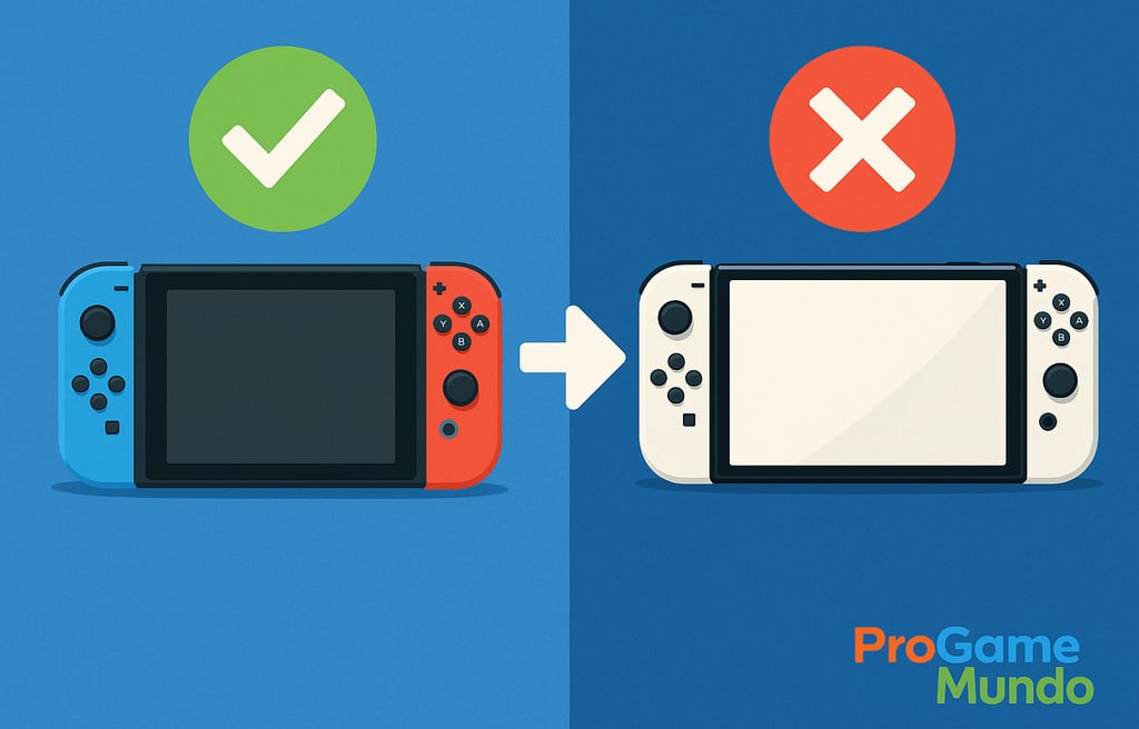 Comparação entre Nintendo Switch original e Switch 2 com ícones de compatibilidade.