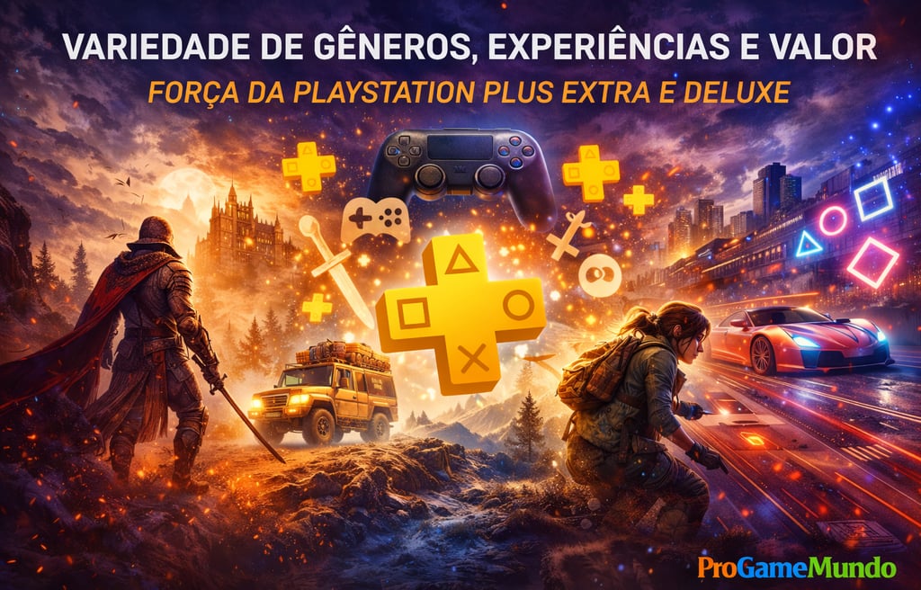 Ilustração editorial destacando a diversidade de gêneros do catálogo PlayStation Plus