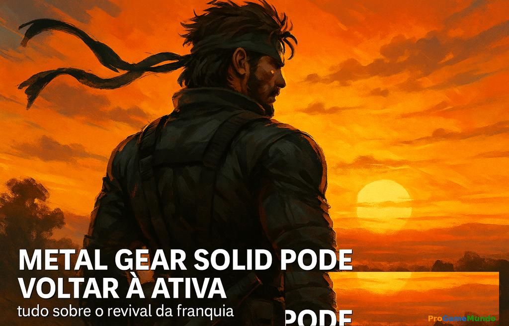 Solid Snake olhando para o horizonte em pôr do sol épico.