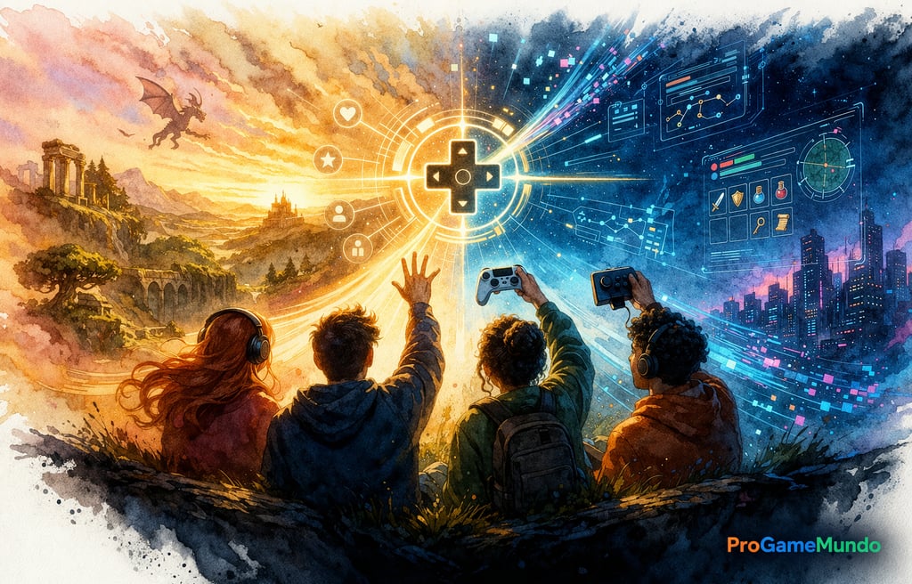 Jogadores observam interfaces holográficas em cena final sobre games.