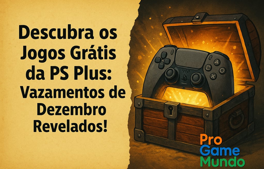 Controle DualSense surgindo de um baú iluminado como um tesouro gamer.