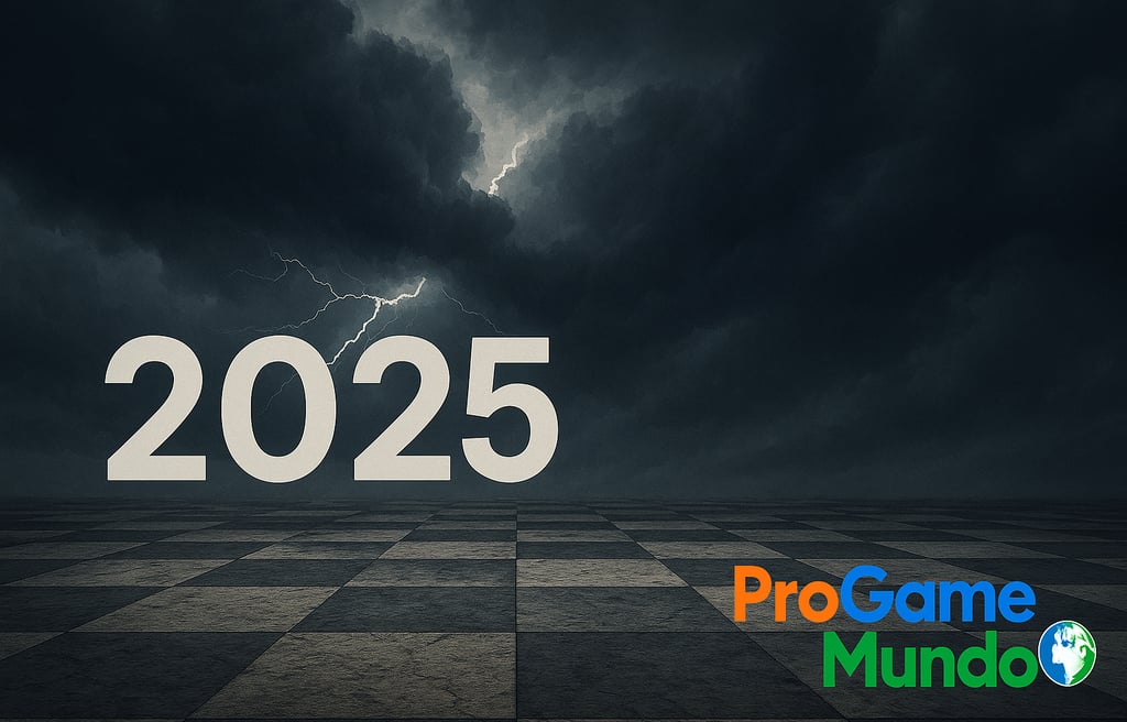 Tabuleiro e céu com raios, “2025” em destaque