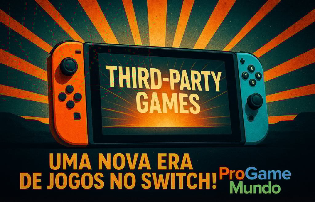 Nintendo Switch 2 brilhando sob luzes coloridas, simbolizando o futuro do apoio third-party