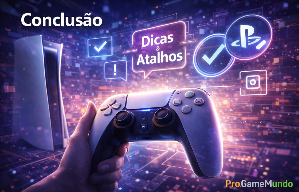 Mão segurando DualSense com ícones de atalhos do PS5 em fundo futurista