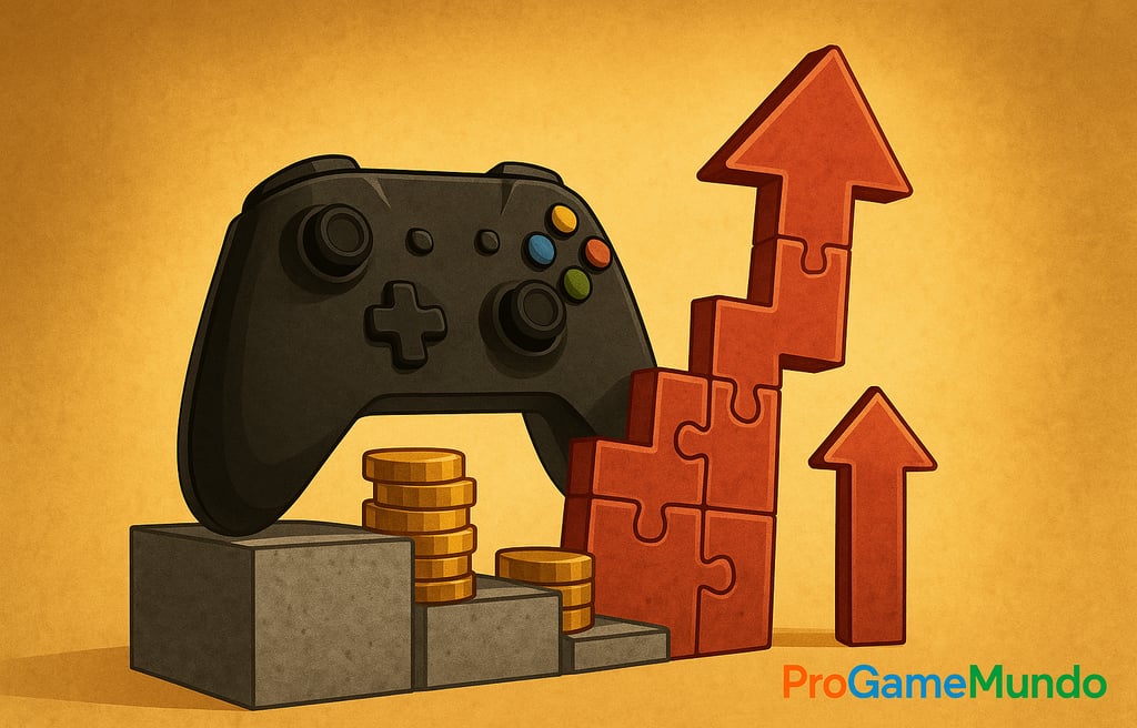 Controle gamer sobre moedas e blocos ascendentes representa o equilíbrio entre impostos e cresciment