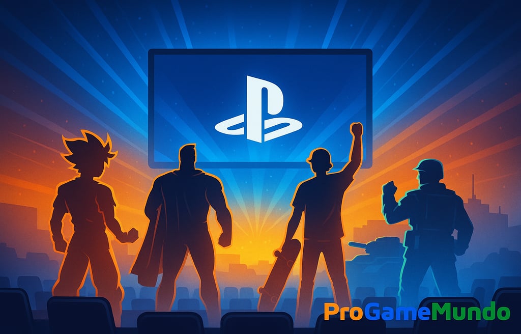 Jogadores celebrando juntos os quatro jogos grátis de setembro no PS4 e PS5 diante de um telão.