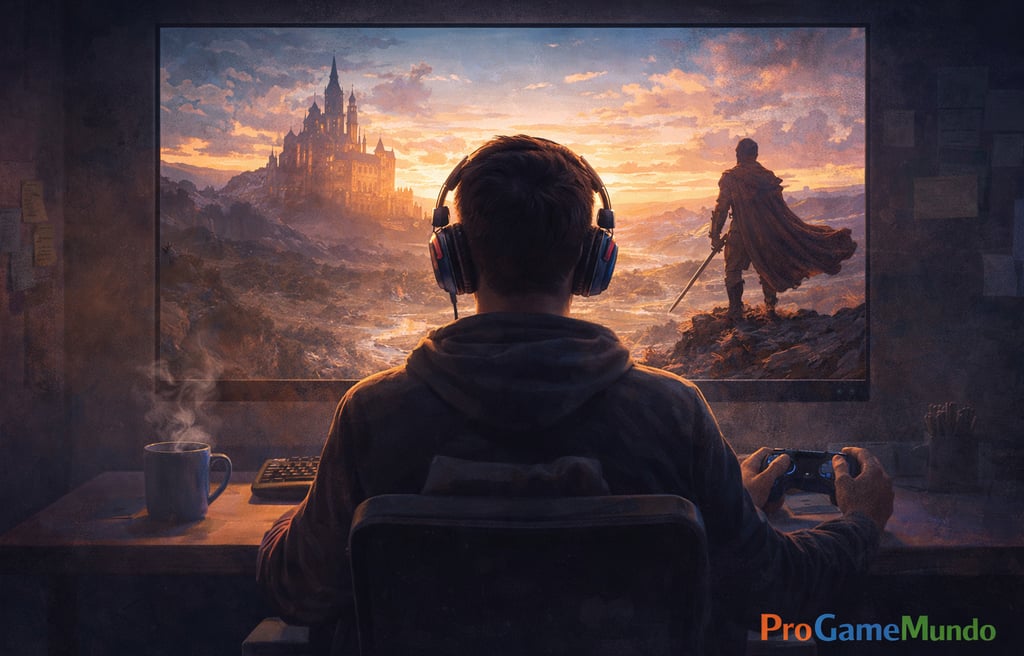 A imagem representa o jogador como agente central da narrativa nos videogames, destacando a convergê