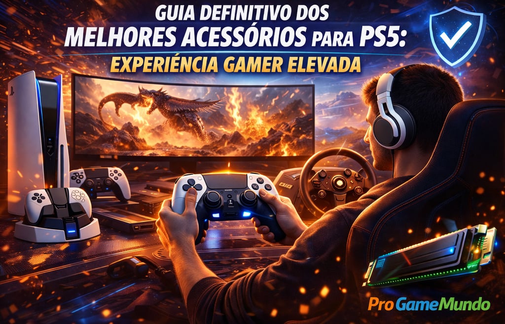 Jogador utilizando acessórios avançados do PS5 para uma experiência gamer aprimorada.