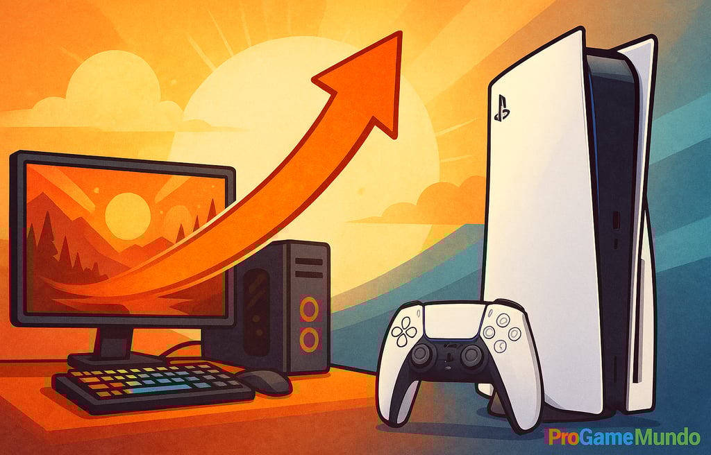 PS5 e PC conectados por uma seta crescente representando Cross-Buy e futuro dos jogos multiplataform