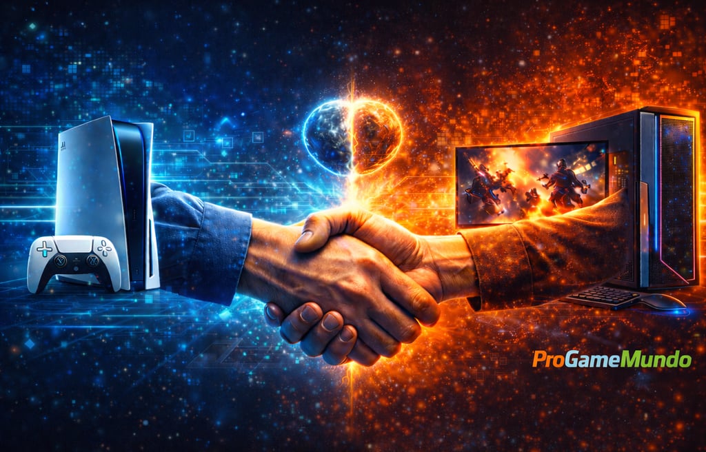 Imagem conceitual mostrando a integração simbólica entre PS5 e PC no debate sobre Cross-Buy.