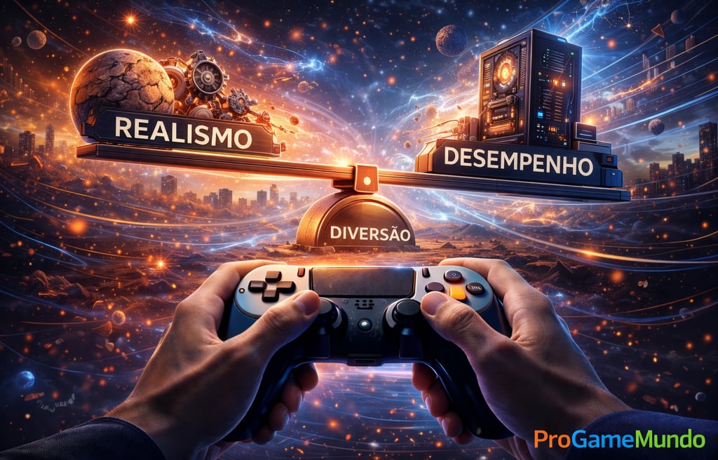 Ilustração conceitual mostrando equilíbrio entre realismo físico, desempenho técnico e diversão