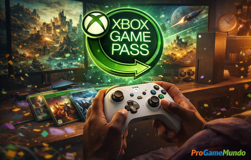 Jogador segurando controle com cenários digitais ao fundo em ambiente iluminado.