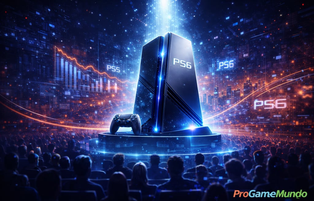 Console futurista representando o PS6 em palco com gráficos e público ao fundo