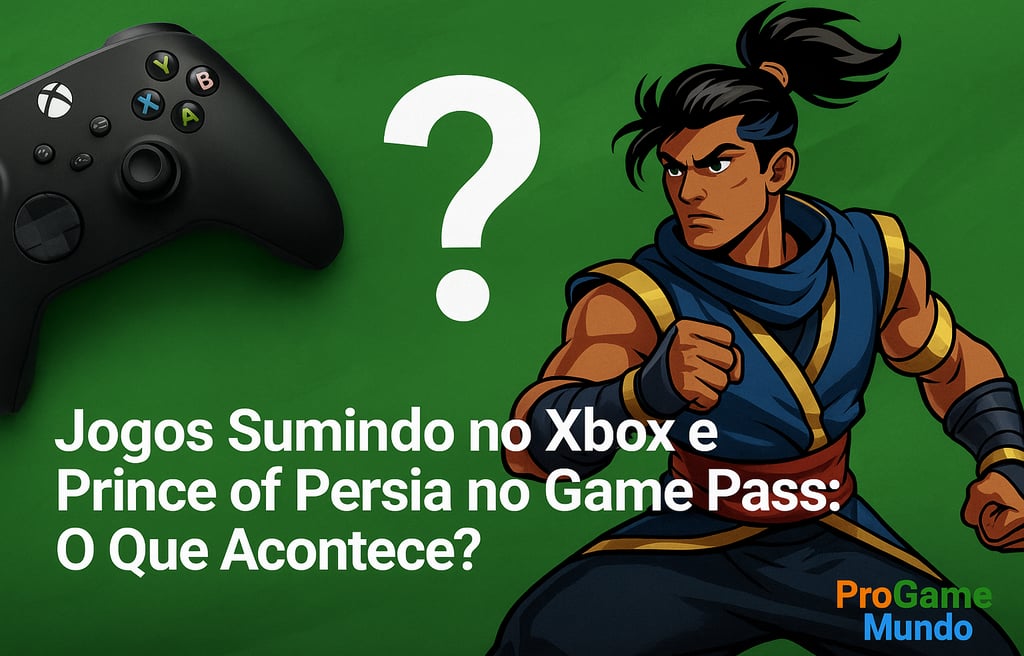 Controle Xbox, ponto de interrogação e personagem de Prince of Persia em fundo verde.