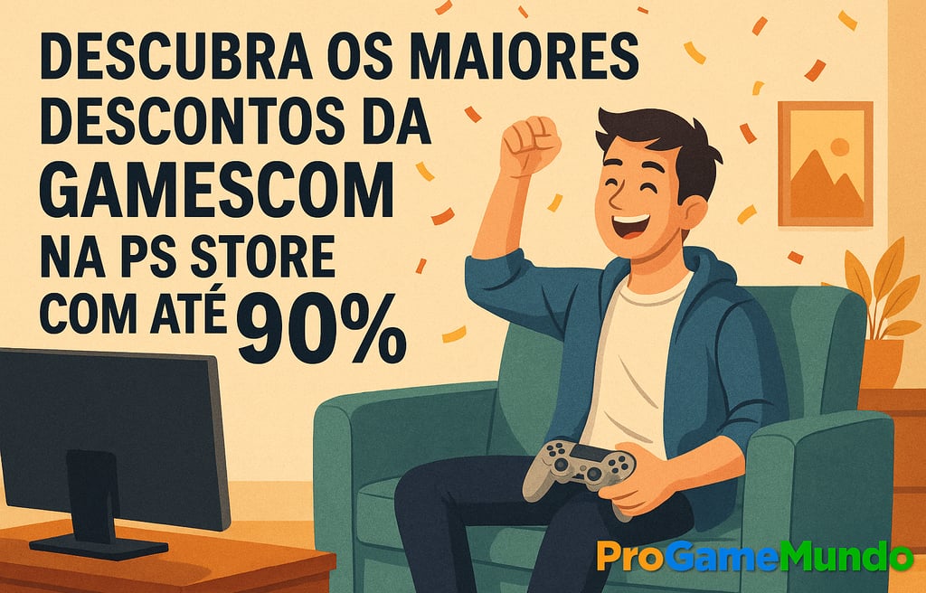 Jogador feliz celebrando descontos da Gamescom na PS Store em ambiente acolhedor