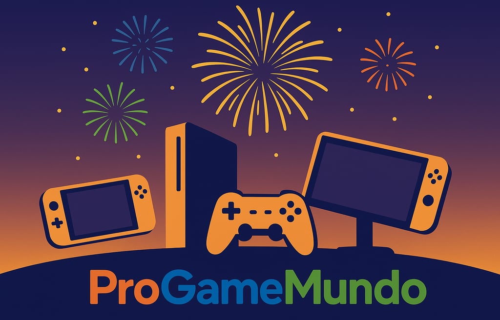Consoles silhouetados diante de fogos de artifício em celebração ao mês de lançamentos.