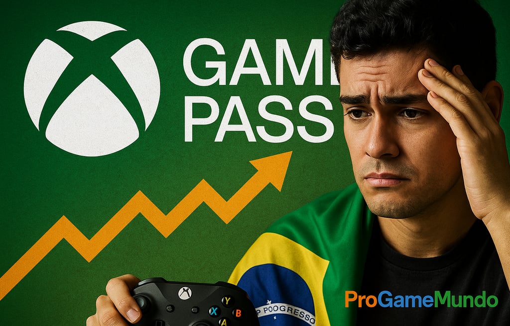 Gamer brasileiro pensativo com controle Xbox e bandeira do Brasil diante do logotipo do Game Pass 