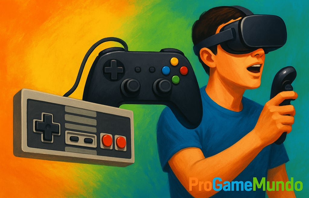 Controles clássico, moderno e headset VR conectados por luz colorida representando a evolução dos vi