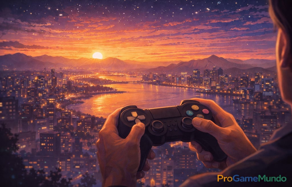 Jogador segurando controle diante de uma cidade ao pôr do sol simbolizando o impacto dos games